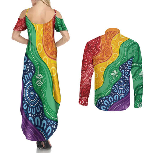 Australia First Nation LGBTQ+ Couples Matching Summer Maxi Dress and Long Sleeve Button Shirt Aboriginal Rainbow Flag