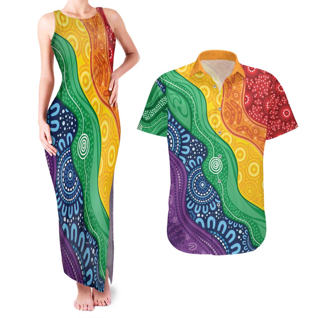 Australia First Nation LGBTQ+ Couples Matching Tank Maxi Dress and Hawaiian Shirt Aboriginal Rainbow Flag