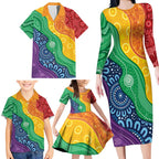 Australia First Nation LGBTQ+ Family Matching Long Sleeve Bodycon Dress and Hawaiian Shirt Aboriginal Rainbow Flag