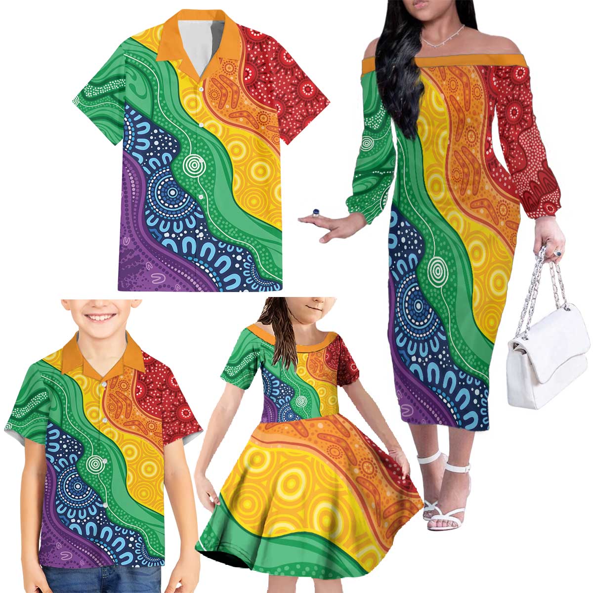 Australia First Nation LGBTQ+ Family Matching Off The Shoulder Long Sleeve Dress and Hawaiian Shirt Aboriginal Rainbow Flag