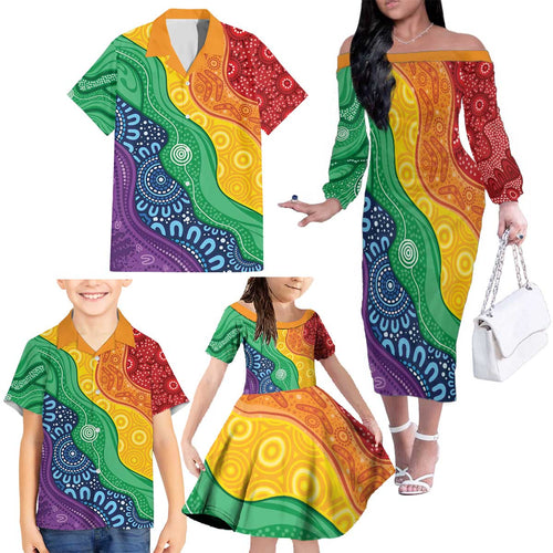 Australia First Nation LGBTQ+ Family Matching Off The Shoulder Long Sleeve Dress and Hawaiian Shirt Aboriginal Rainbow Flag