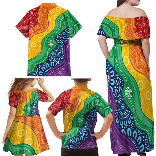 Australia First Nation LGBTQ+ Family Matching Off Shoulder Maxi Dress and Hawaiian Shirt Aboriginal Rainbow Flag