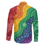 Australia First Nation LGBTQ+ Family Matching Off Shoulder Short Dress and Hawaiian Shirt Aboriginal Rainbow Flag