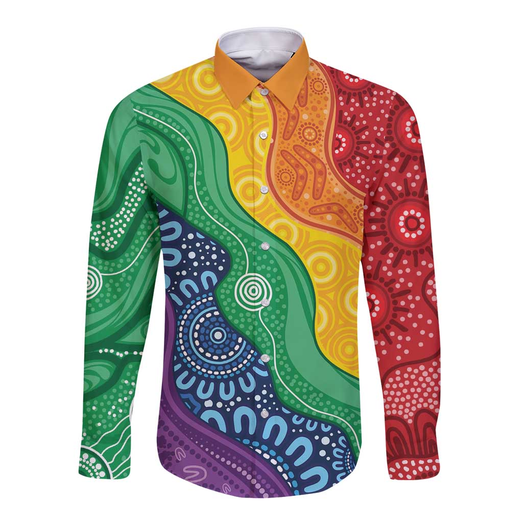 Australia First Nation LGBTQ+ Long Sleeve Button Shirt Aboriginal Rainbow Flag