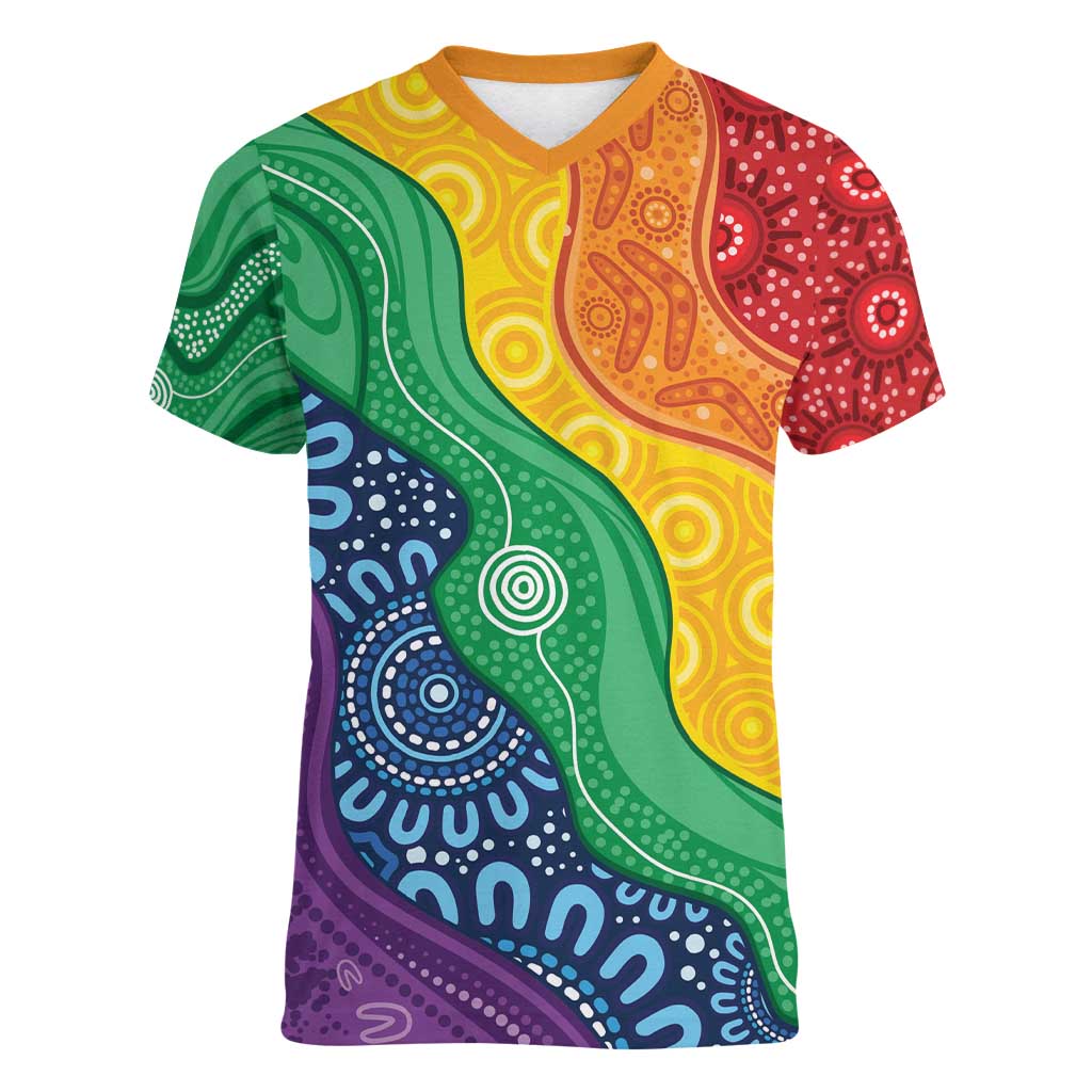 Australia First Nation LGBTQ+ Women V-Neck T-Shirt Aboriginal Rainbow Flag