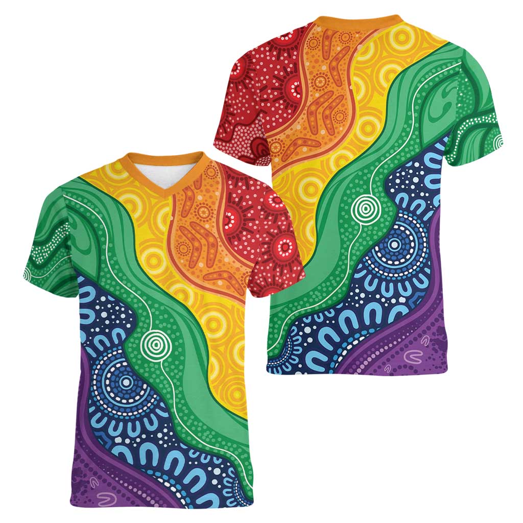 Australia First Nation LGBTQ+ Women V-Neck T-Shirt Aboriginal Rainbow Flag