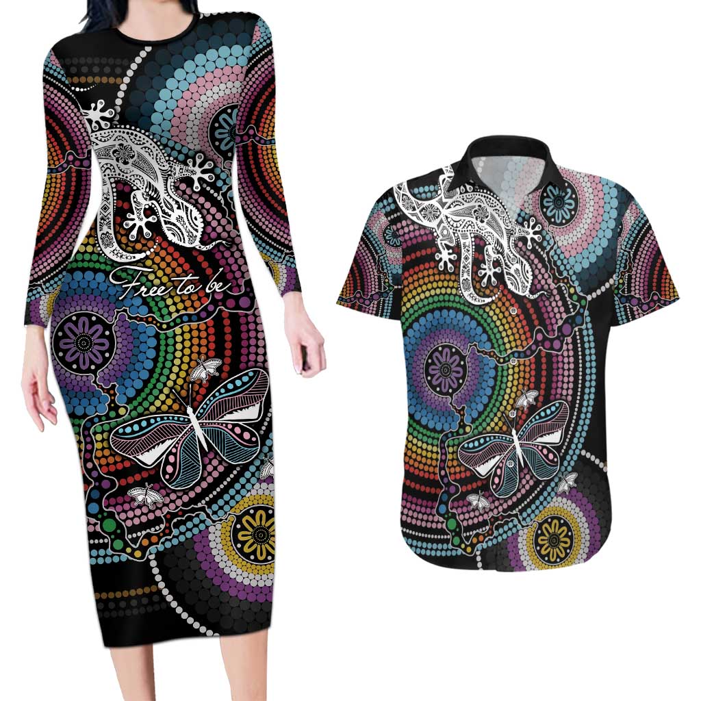 Sydney Pride Aboriginal Couples Matching Long Sleeve Bodycon Dress and Hawaiian Shirt Free To Be