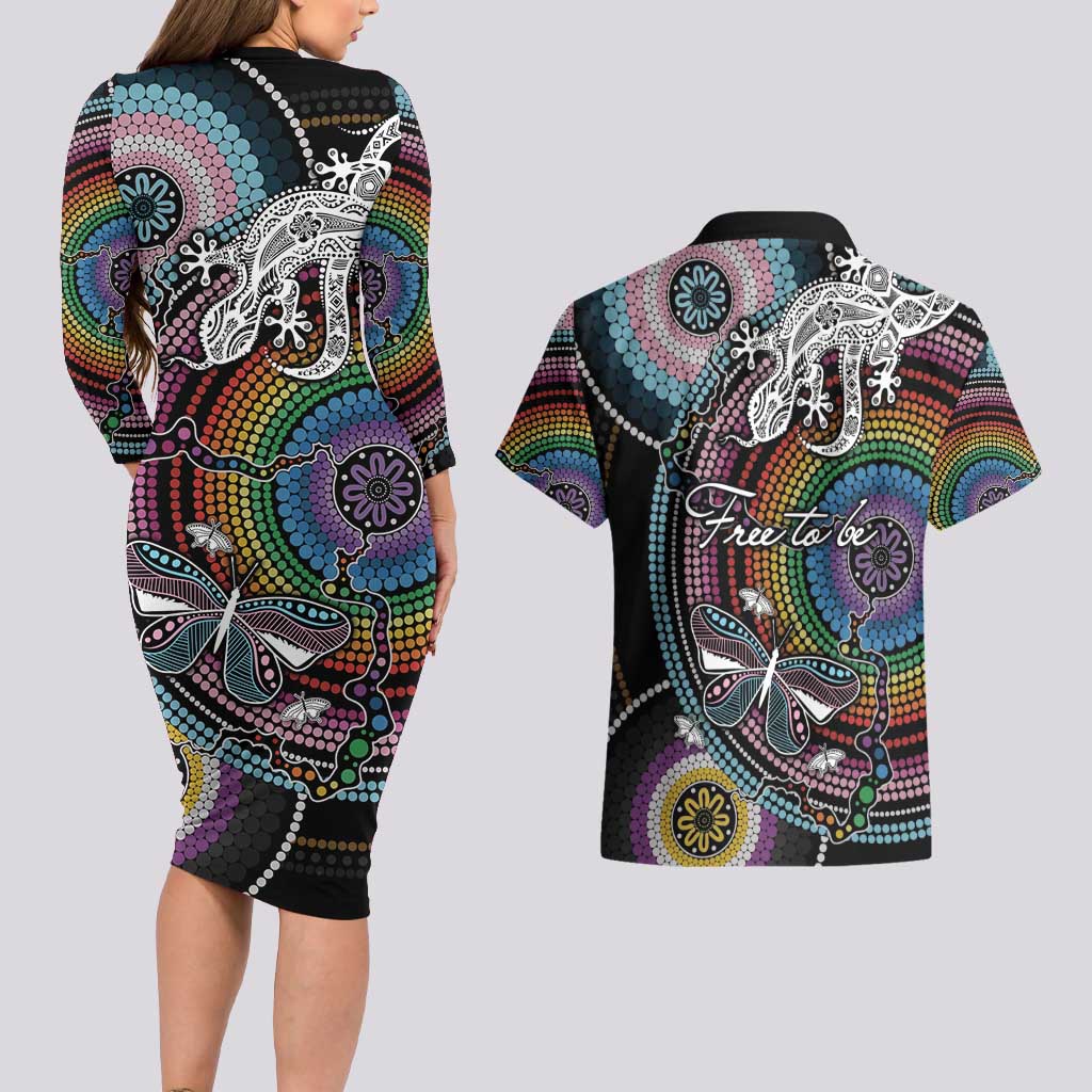 Sydney Pride Aboriginal Couples Matching Long Sleeve Bodycon Dress and Hawaiian Shirt Free To Be