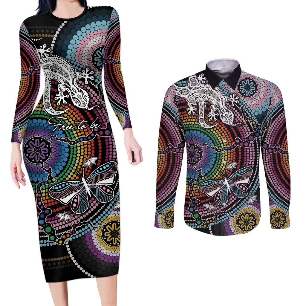 Sydney Pride Aboriginal Couples Matching Long Sleeve Bodycon Dress and Long Sleeve Button Shirt Free To Be