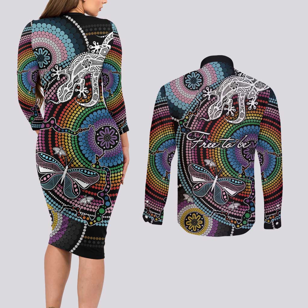 Sydney Pride Aboriginal Couples Matching Long Sleeve Bodycon Dress and Long Sleeve Button Shirt Free To Be
