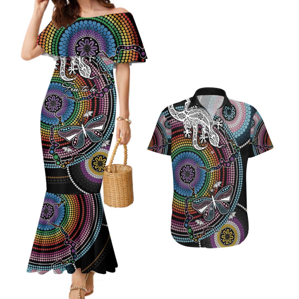 Sydney Pride Aboriginal Couples Matching Mermaid Dress and Hawaiian Shirt Free To Be