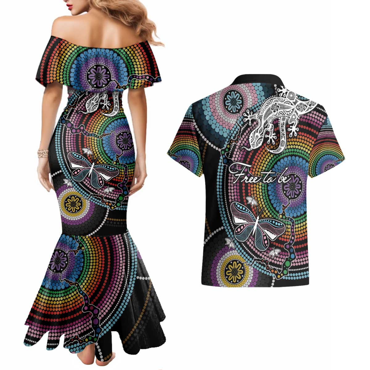 Sydney Pride Aboriginal Couples Matching Mermaid Dress and Hawaiian Shirt Free To Be