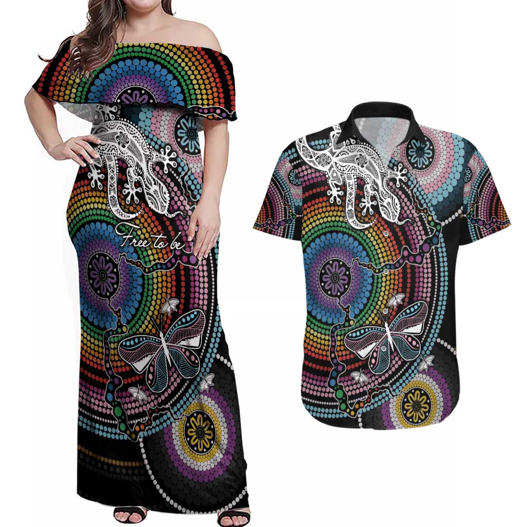 Sydney Pride Aboriginal Couples Matching Off Shoulder Maxi Dress and Hawaiian Shirt Free To Be