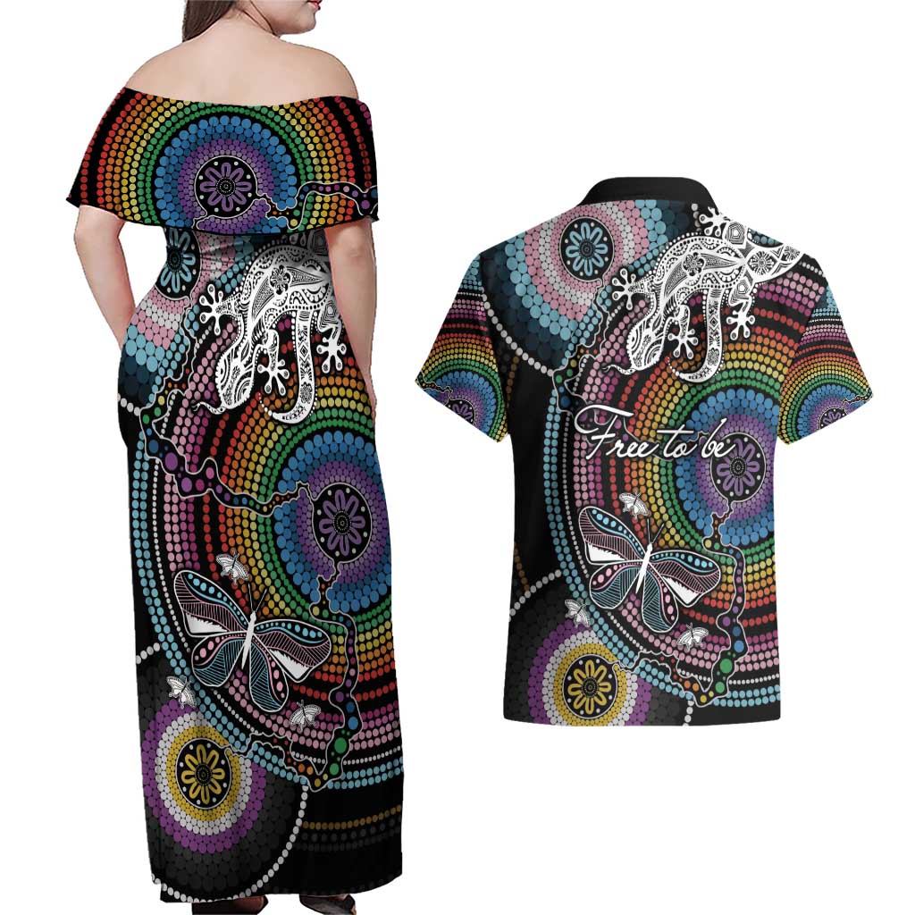 Sydney Pride Aboriginal Couples Matching Off Shoulder Maxi Dress and Hawaiian Shirt Free To Be