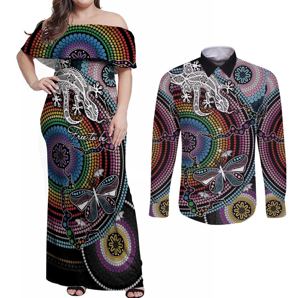 Sydney Pride Aboriginal Couples Matching Off Shoulder Maxi Dress and Long Sleeve Button Shirt Free To Be