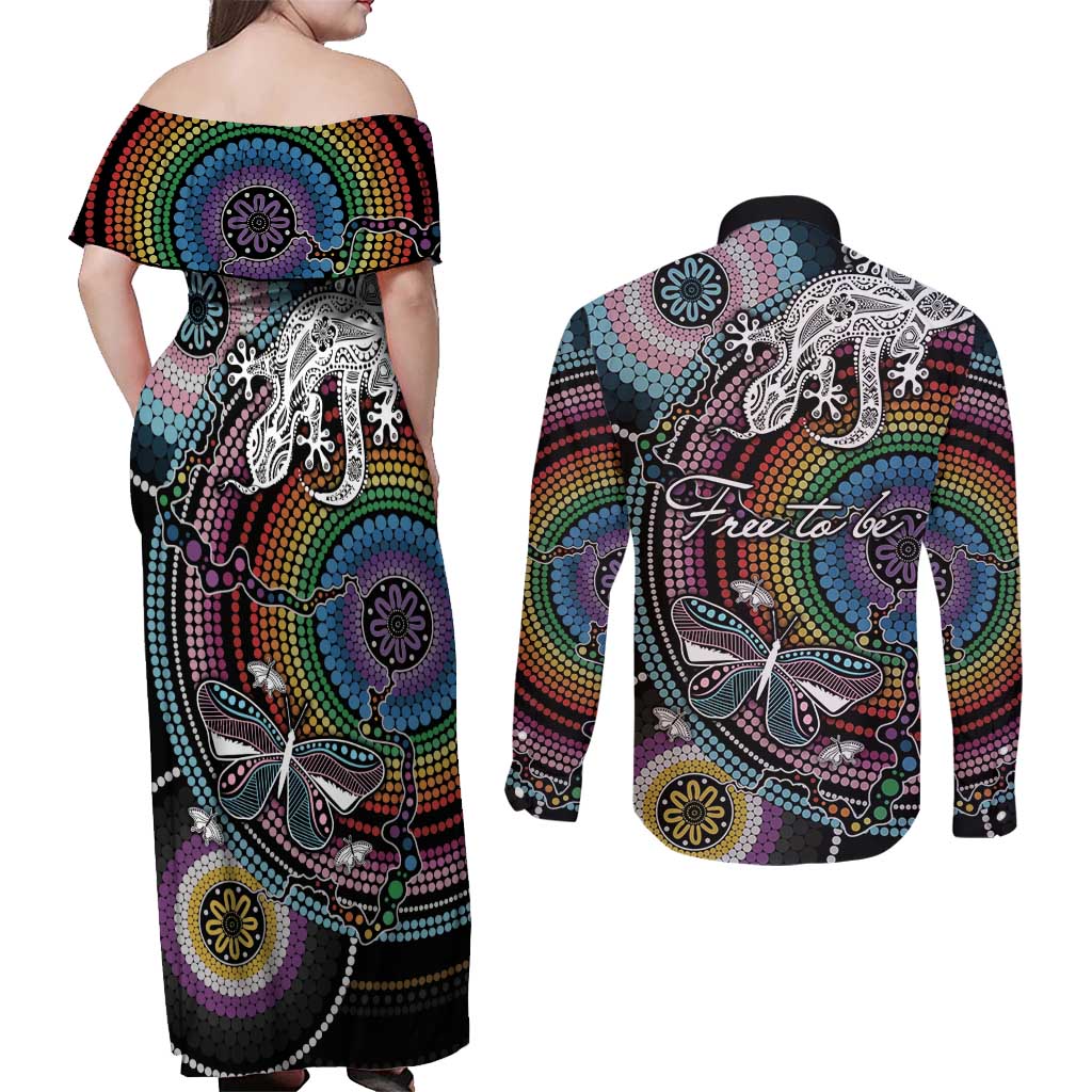 Sydney Pride Aboriginal Couples Matching Off Shoulder Maxi Dress and Long Sleeve Button Shirt Free To Be