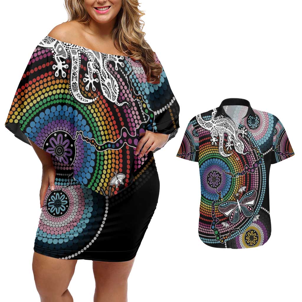 Sydney Pride Aboriginal Couples Matching Off Shoulder Short Dress and Hawaiian Shirt Free To Be