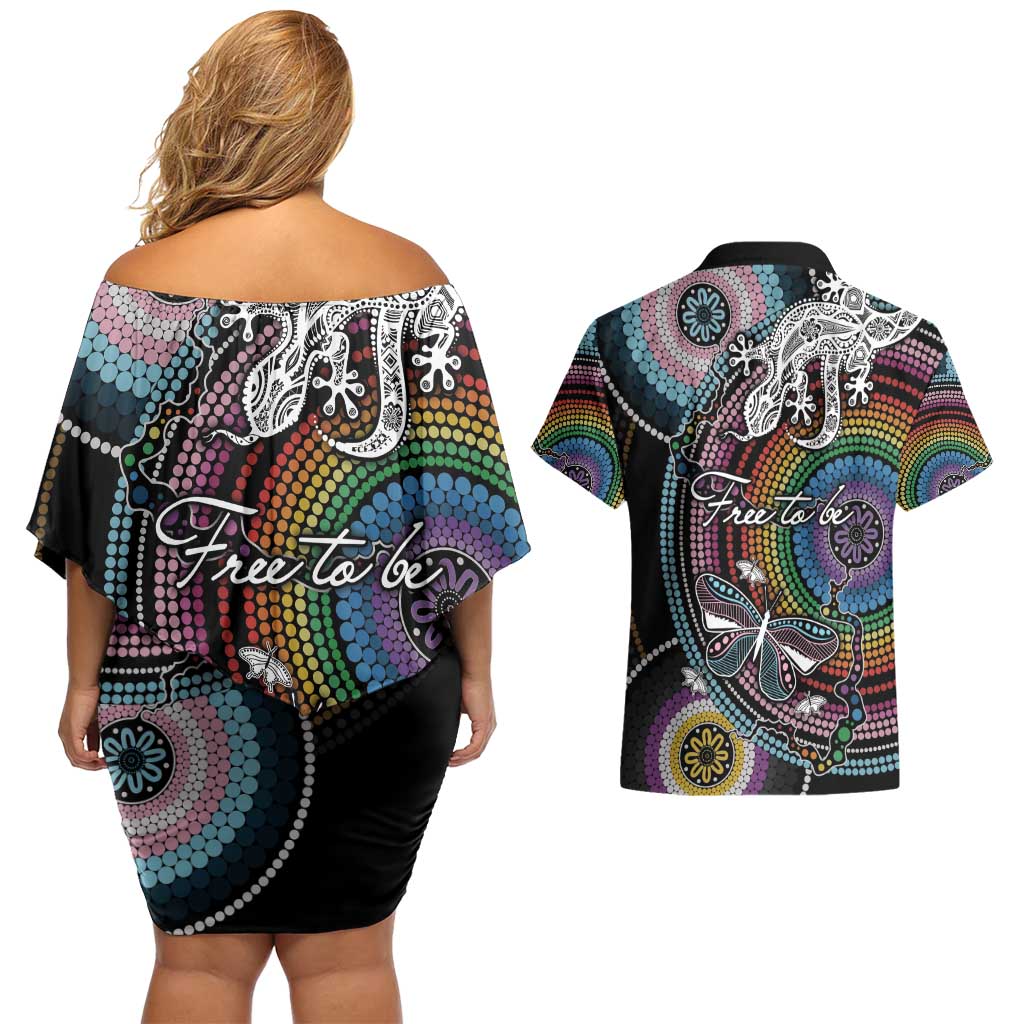 Sydney Pride Aboriginal Couples Matching Off Shoulder Short Dress and Hawaiian Shirt Free To Be