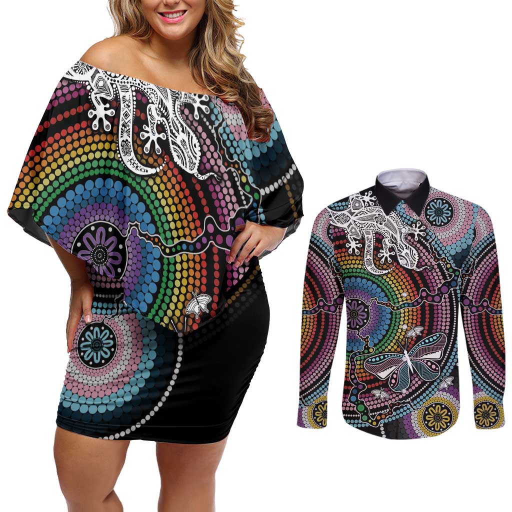 Sydney Pride Aboriginal Couples Matching Off Shoulder Short Dress and Long Sleeve Button Shirt Free To Be