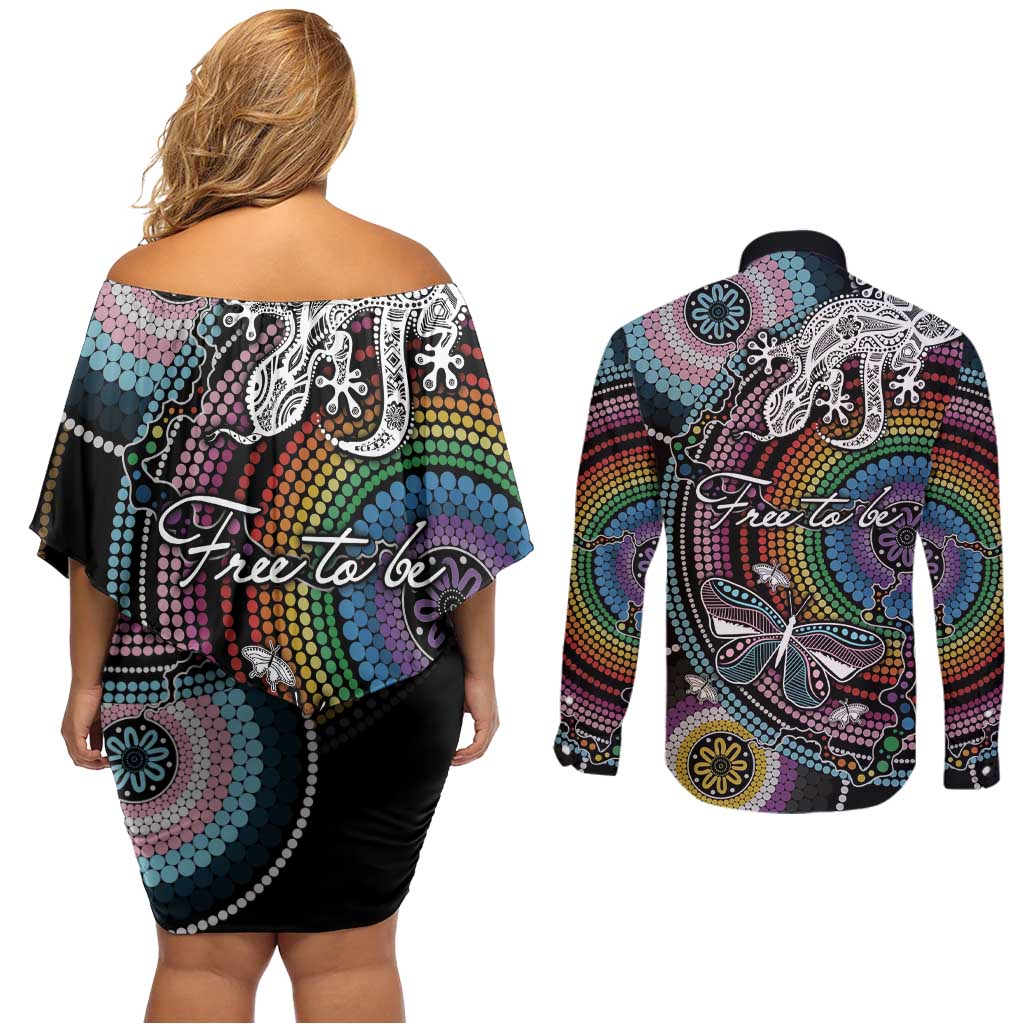Sydney Pride Aboriginal Couples Matching Off Shoulder Short Dress and Long Sleeve Button Shirt Free To Be