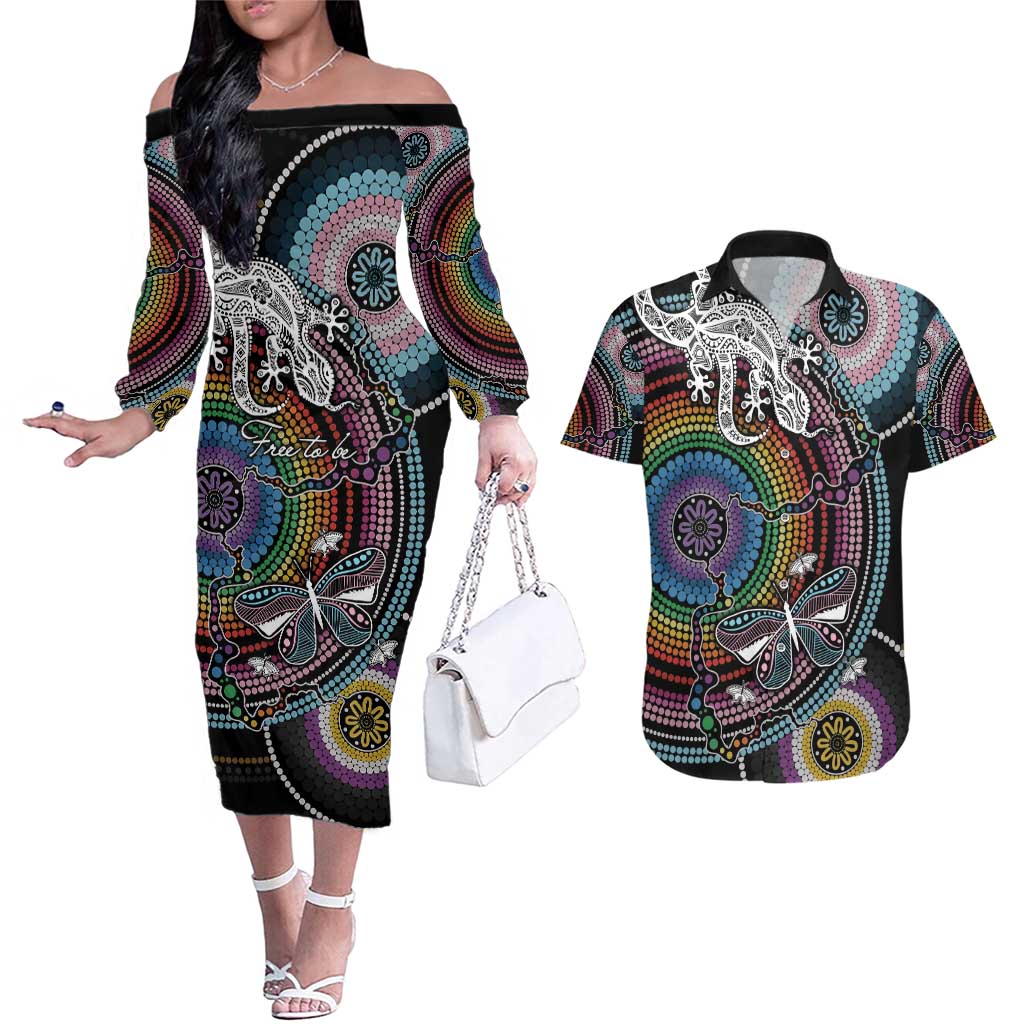 Sydney Pride Aboriginal Couples Matching Off The Shoulder Long Sleeve Dress and Hawaiian Shirt Free To Be