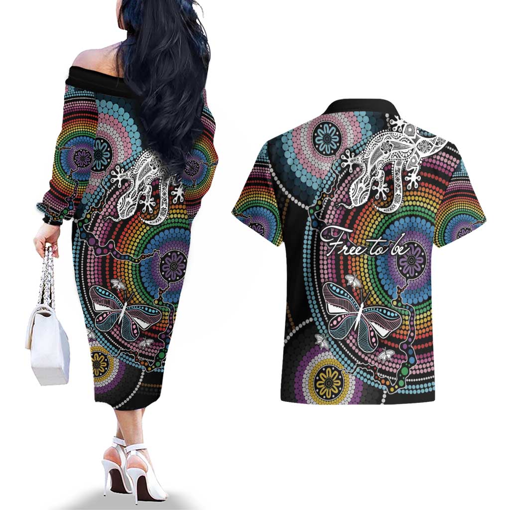 Sydney Pride Aboriginal Couples Matching Off The Shoulder Long Sleeve Dress and Hawaiian Shirt Free To Be