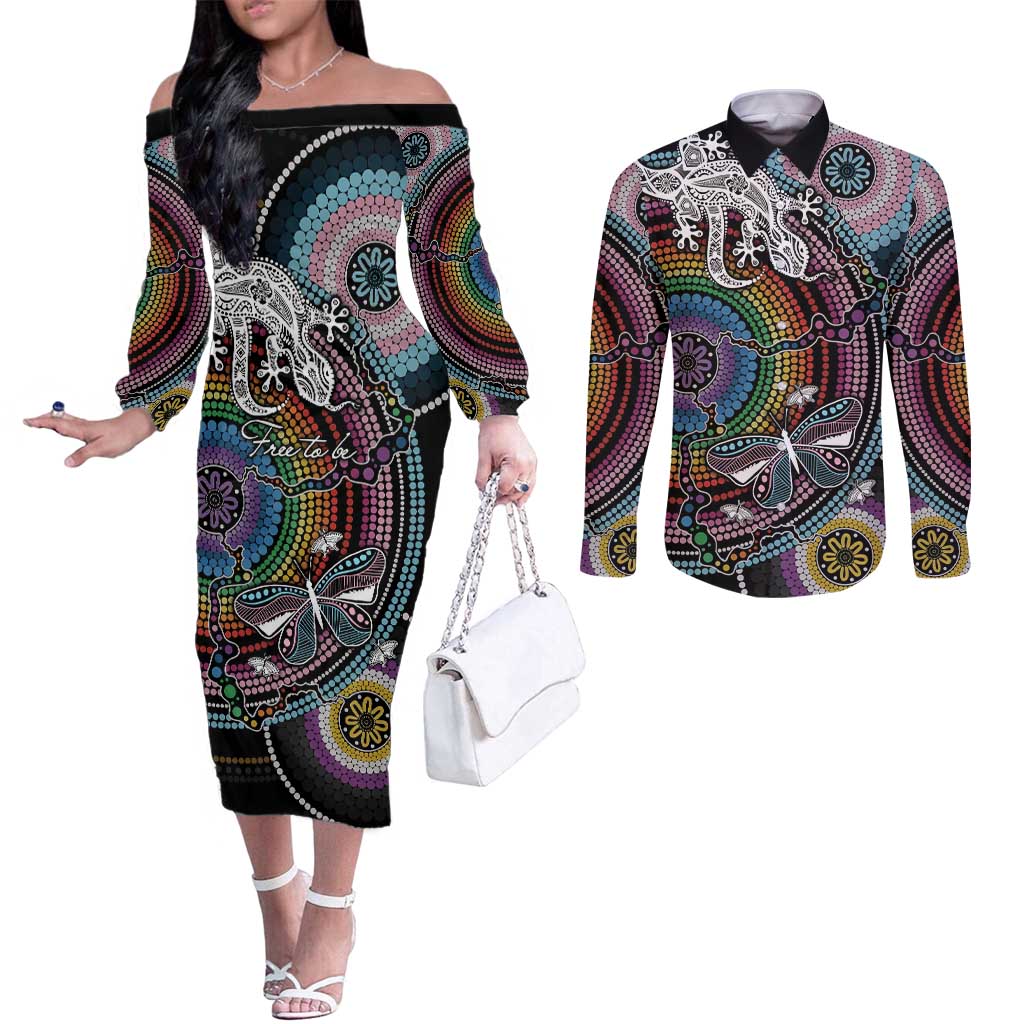 Sydney Pride Aboriginal Couples Matching Off The Shoulder Long Sleeve Dress and Long Sleeve Button Shirt Free To Be