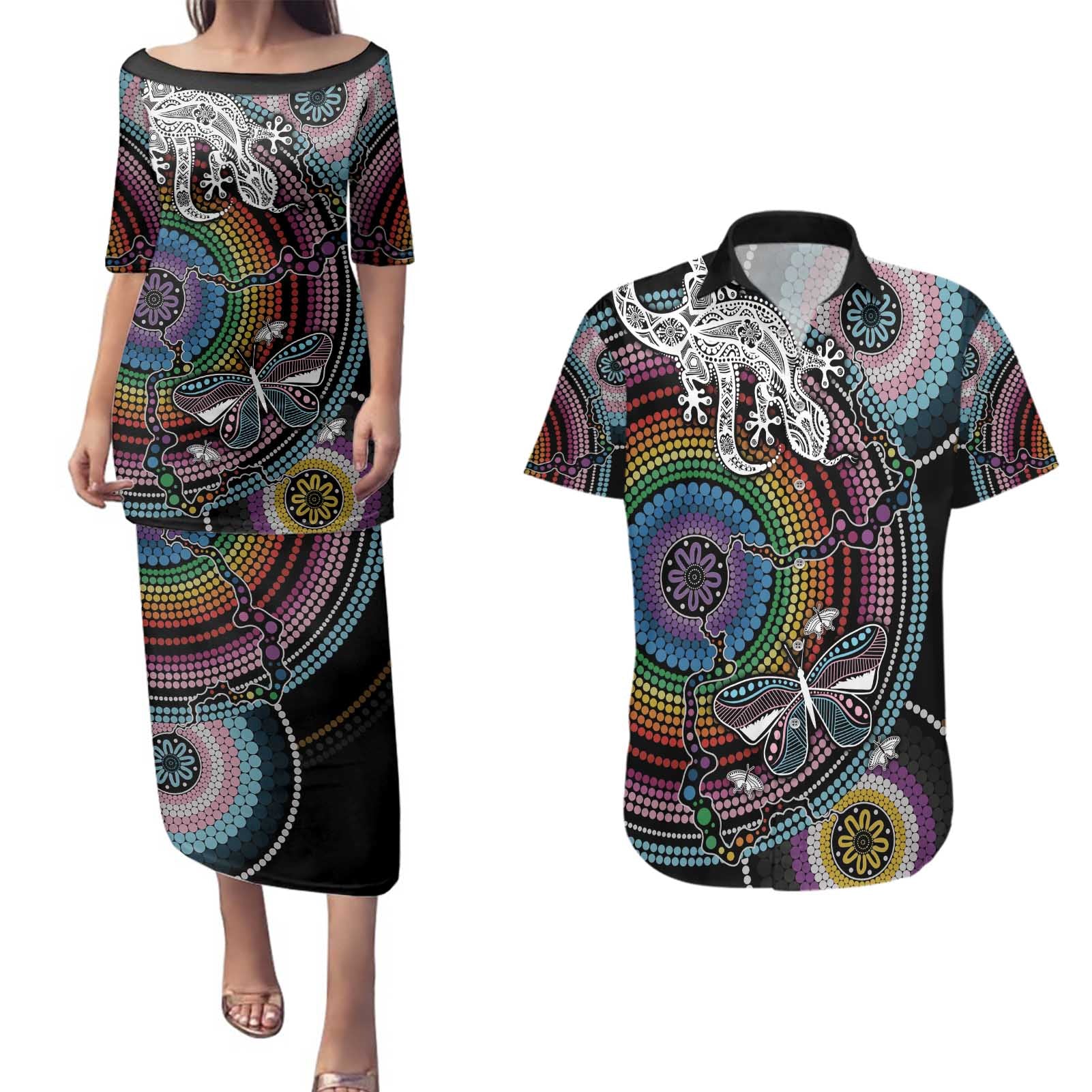 Sydney Pride Aboriginal Couples Matching Puletasi and Hawaiian Shirt Free To Be