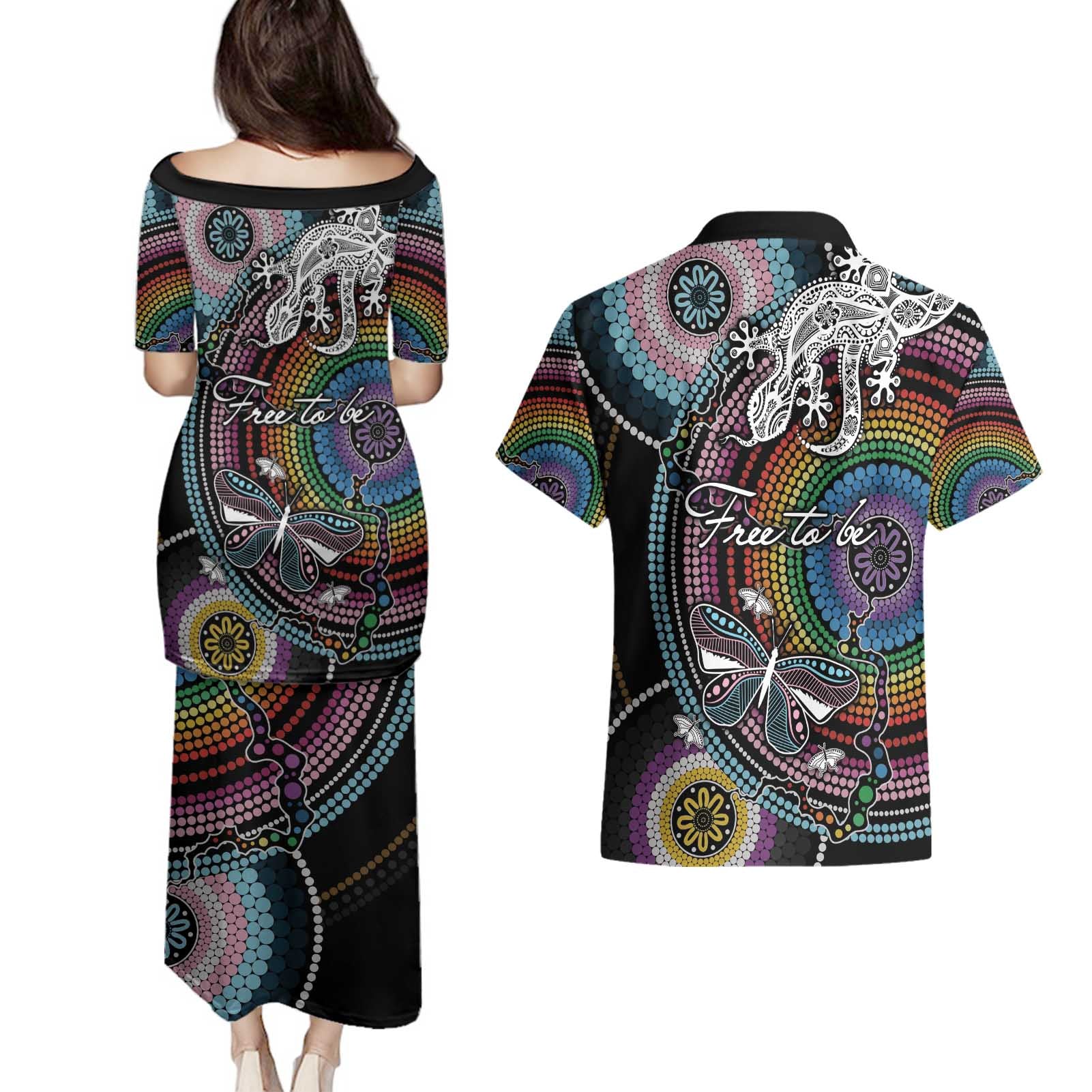 Sydney Pride Aboriginal Couples Matching Puletasi and Hawaiian Shirt Free To Be