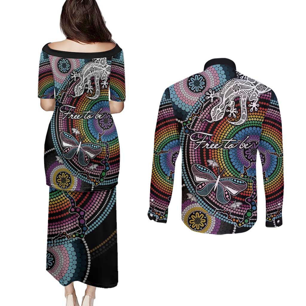 Sydney Pride Aboriginal Couples Matching Puletasi and Long Sleeve Button Shirt Free To Be