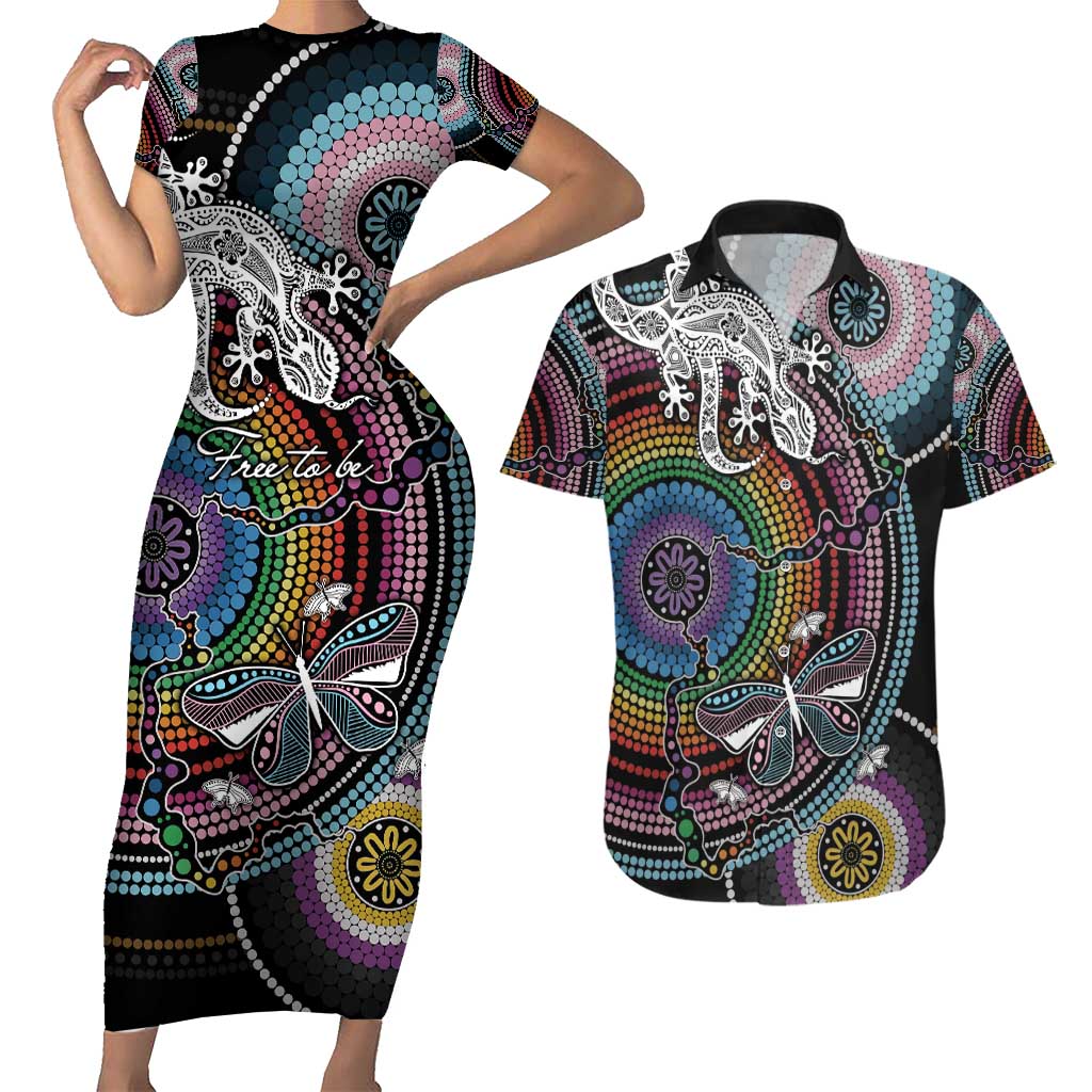 Sydney Pride Aboriginal Couples Matching Short Sleeve Bodycon Dress and Hawaiian Shirt Free To Be