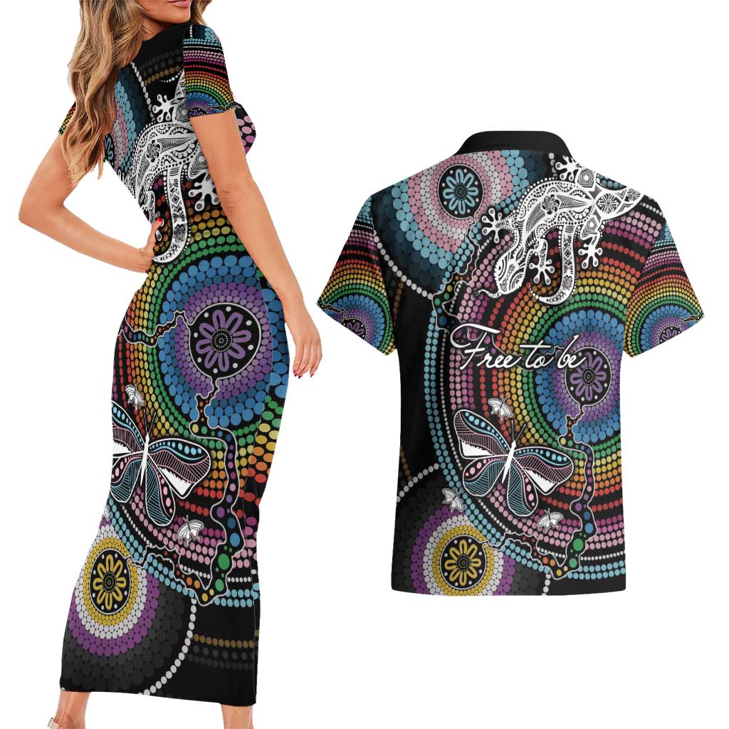 Sydney Pride Aboriginal Couples Matching Short Sleeve Bodycon Dress and Hawaiian Shirt Free To Be