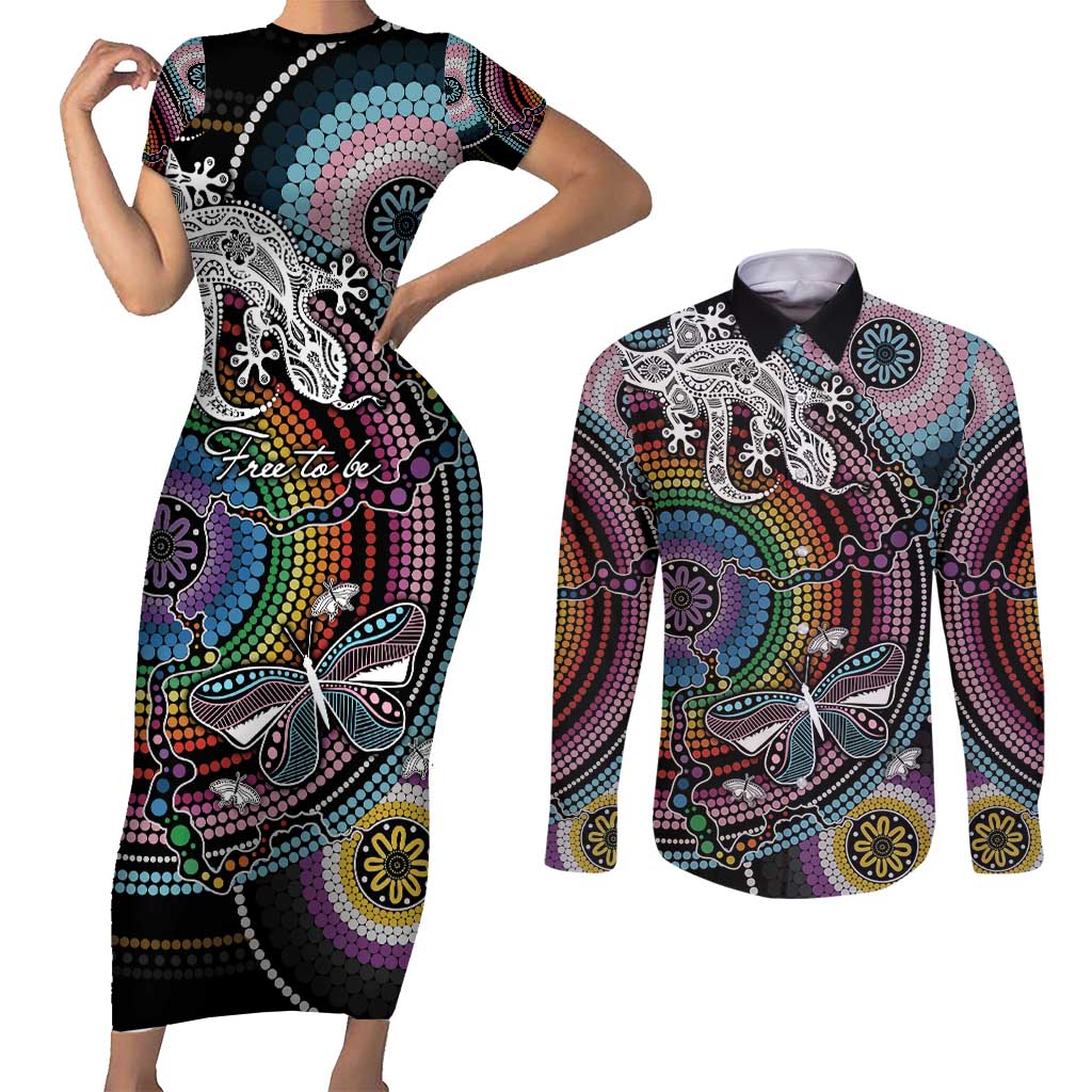 Sydney Pride Aboriginal Couples Matching Short Sleeve Bodycon Dress and Long Sleeve Button Shirt Free To Be