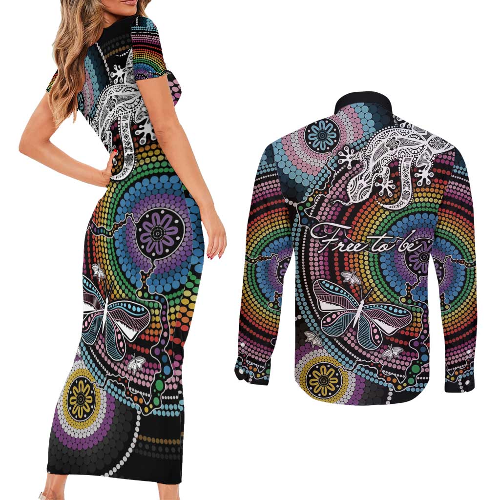 Sydney Pride Aboriginal Couples Matching Short Sleeve Bodycon Dress and Long Sleeve Button Shirt Free To Be