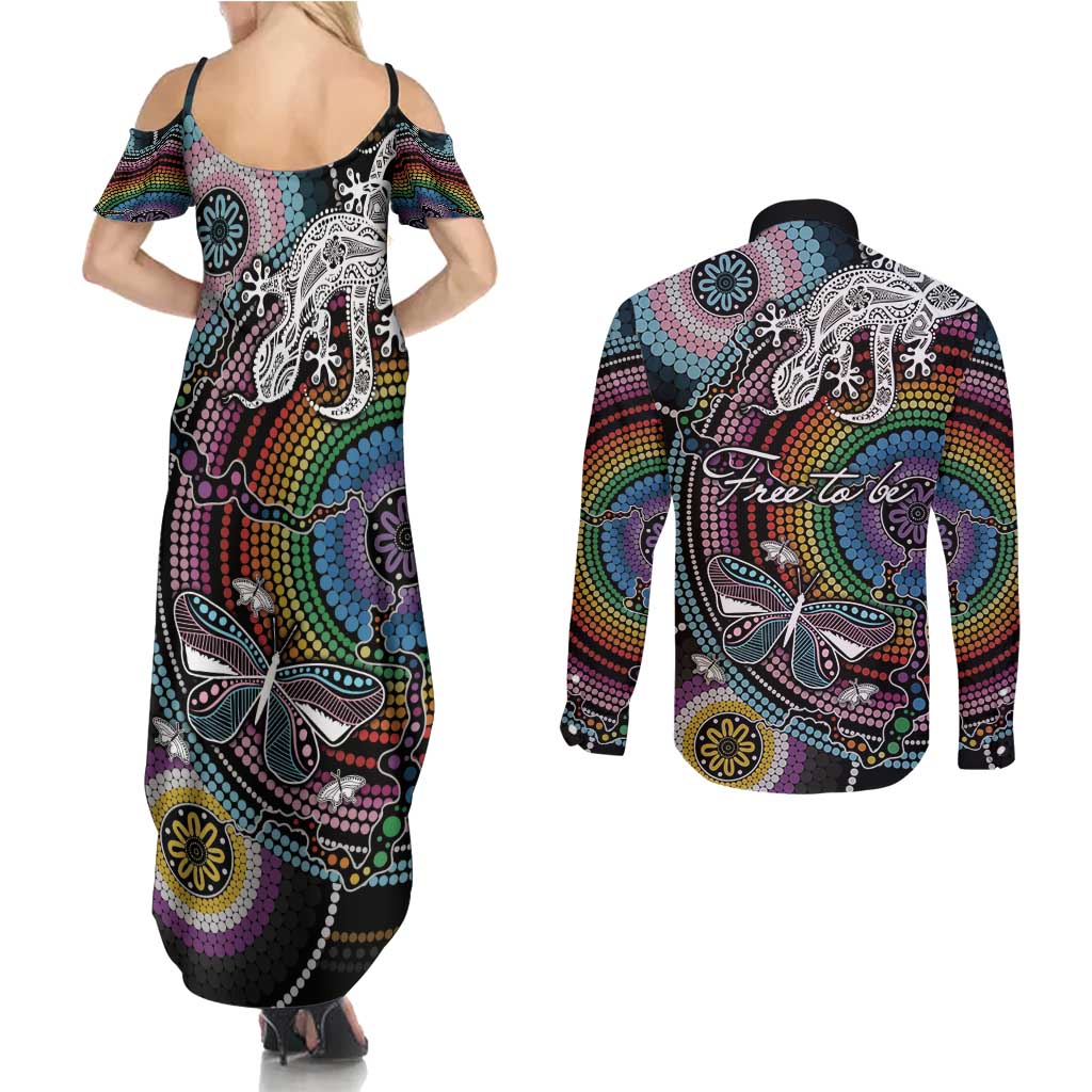 Sydney Pride Aboriginal Couples Matching Summer Maxi Dress and Long Sleeve Button Shirt Free To Be