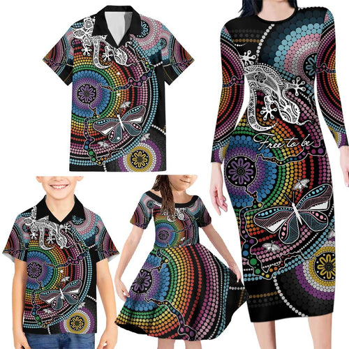 Sydney Pride Aboriginal Family Matching Long Sleeve Bodycon Dress and Hawaiian Shirt Free To Be