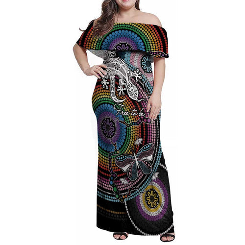 Sydney Pride Aboriginal Family Matching Off Shoulder Maxi Dress and Hawaiian Shirt Free To Be