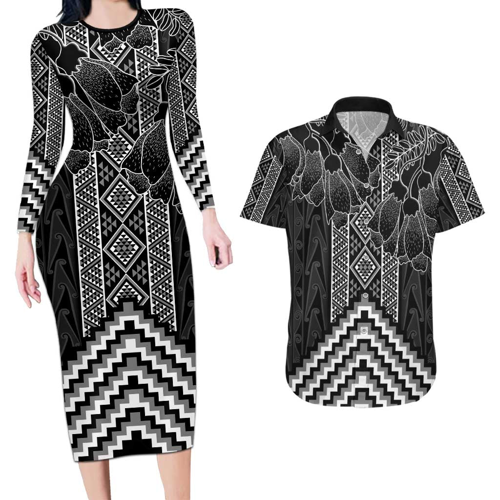 Aotearoa Taniko Pattern Couples Matching Long Sleeve Bodycon Dress and Hawaiian Shirt Poutama Mix Kowhai Flowers