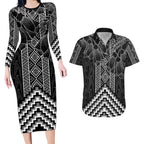 Aotearoa Taniko Pattern Couples Matching Long Sleeve Bodycon Dress and Hawaiian Shirt Poutama Mix Kowhai Flowers