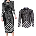 Aotearoa Taniko Pattern Couples Matching Long Sleeve Bodycon Dress and Long Sleeve Button Shirt Poutama Mix Kowhai Flowers