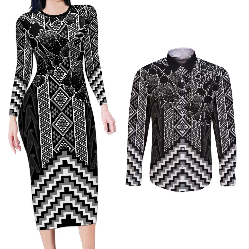 Aotearoa Taniko Pattern Couples Matching Long Sleeve Bodycon Dress and Long Sleeve Button Shirt Poutama Mix Kowhai Flowers