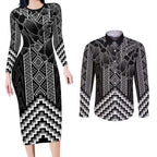 Aotearoa Taniko Pattern Couples Matching Long Sleeve Bodycon Dress and Long Sleeve Button Shirt Poutama Mix Kowhai Flowers