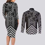 Aotearoa Taniko Pattern Couples Matching Long Sleeve Bodycon Dress and Long Sleeve Button Shirt Poutama Mix Kowhai Flowers