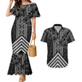 Aotearoa Taniko Pattern Couples Matching Mermaid Dress and Hawaiian Shirt Poutama Mix Kowhai Flowers