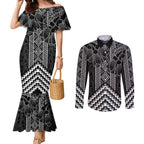 Aotearoa Taniko Pattern Couples Matching Mermaid Dress and Long Sleeve Button Shirt Poutama Mix Kowhai Flowers