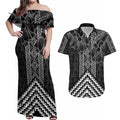 Aotearoa Taniko Pattern Couples Matching Off Shoulder Maxi Dress and Hawaiian Shirt Poutama Mix Kowhai Flowers