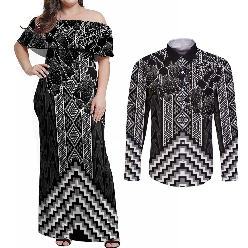 Aotearoa Taniko Pattern Couples Matching Off Shoulder Maxi Dress and Long Sleeve Button Shirt Poutama Mix Kowhai Flowers