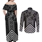 Aotearoa Taniko Pattern Couples Matching Off Shoulder Maxi Dress and Long Sleeve Button Shirt Poutama Mix Kowhai Flowers