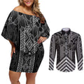 Aotearoa Taniko Pattern Couples Matching Off Shoulder Short Dress and Long Sleeve Button Shirt Poutama Mix Kowhai Flowers