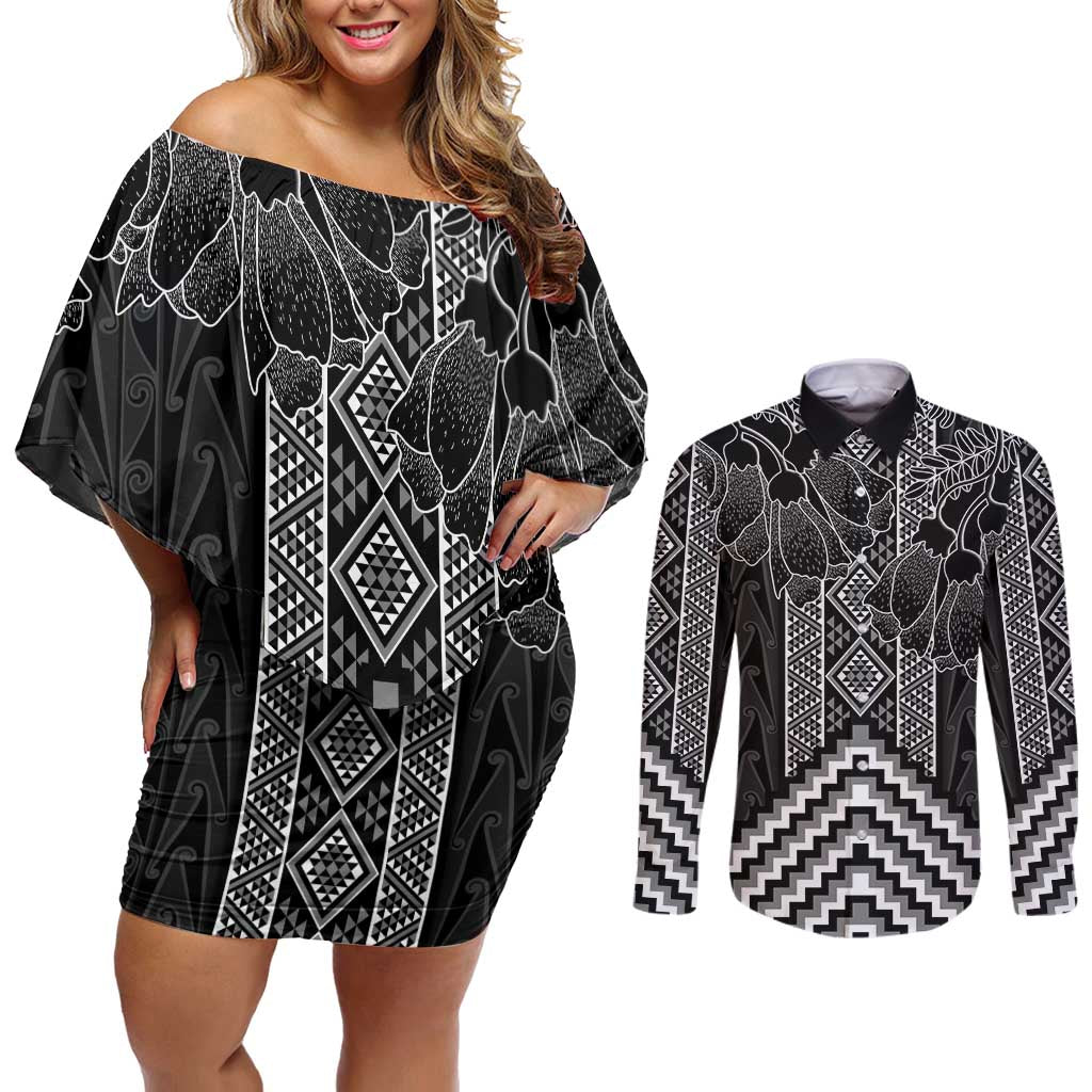 Aotearoa Taniko Pattern Couples Matching Off Shoulder Short Dress and Long Sleeve Button Shirt Poutama Mix Kowhai Flowers